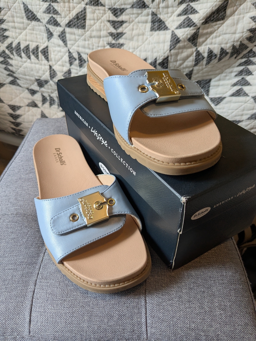 Dr. Scholl's Light Blue Slide Sandals with Gold Hardware